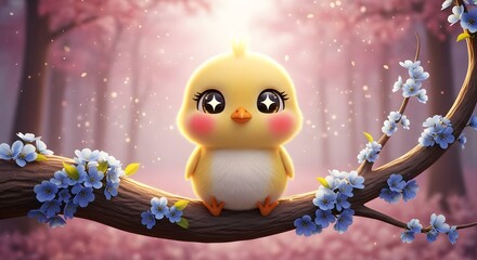 Adorable fluffy yellow chick sitting on a branch with blue flowers in a pink and white forest. Springtime charm, innocence, and magical nature. Cute baby bird in a beautiful, sunny clearing.