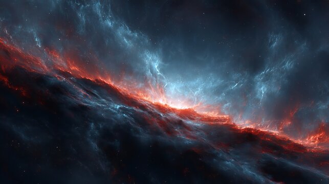 Vibrant cosmic nebula with swirling orange and blue gas clouds glowing in deep space abstract astronomy starfield background - Powered by Adobe