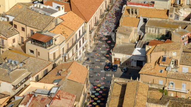 Aerial view of a street in the historic center of Licata, in the province of Agrigento, Sicily, Italy. It is one of the town's most important streets. 