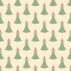Seamless pattern with Christmas trees on beige background. Repeat season greetings wallpaper.