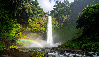 Waterfall with rainbow in lush green rainforest