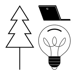 Black and white tree, light bulb, and laptop suggest themes of sustainability, innovation, and digital transformation. Ideal for eco-tech, creativity, education, teamwork renewable energy minimal