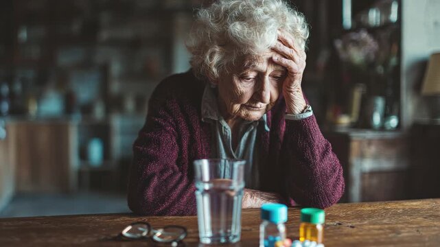 Worried senior woman considering medication options for health and wellness video, 4k high quality footage