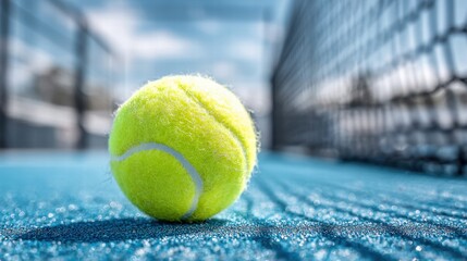 Close-up of a tennis ball on a blue court