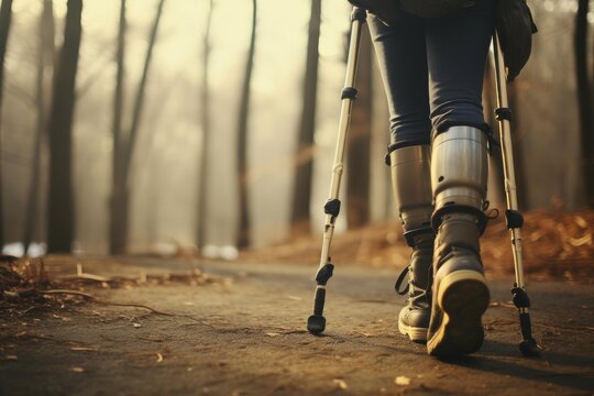 Person with disability finding strength and perseverance hiking in nature