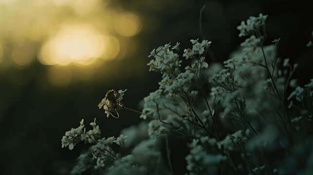 Bee hovering among white wildflowers at golden hour with dreamy warm bokeh background