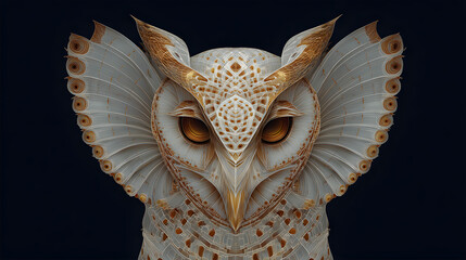 Stylized White and Gold Owl in Abstract Digital Form