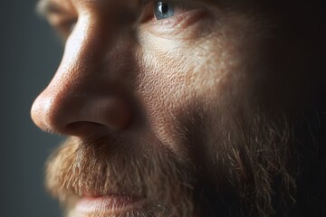 Extreme close-up of a man's face in profile with a blue eye and auburn beard