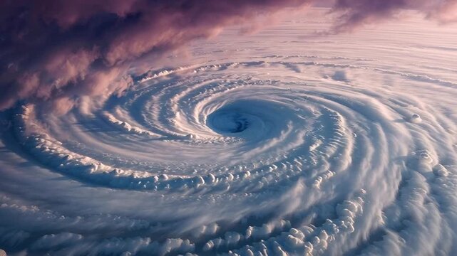 Huge hurricane rotating in the atmosphere with a visible eye of the storm, representing a powerful and destructive natural weather phenomenon viewed from space during a dramatic sunset