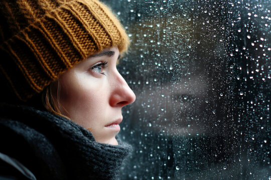 Looking out of a rainy window with deep emotions on a cold afternoon Generative AI