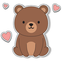 Cute cartoon bear with a light brown belly, sitting with three pink hearts around it.
