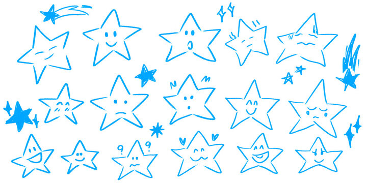 Set of cute hand drawn blue stars with funny faces and emotions on white background.