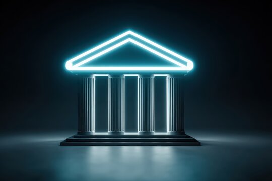 Futuristic neon glowing bank building icon on a dark background symbol finance