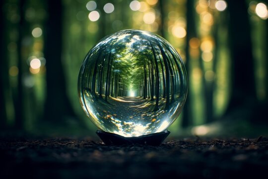 Crystal ball capturing a green forest path symbolizing future and decisions