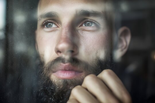 Pensive man with a beard gazing wistfully out a window with his hand on his chin