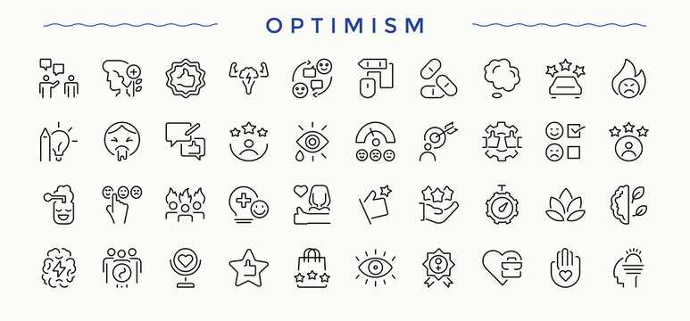 Optimism icon collection. Thin outline icons pack. Attitude icon set. Containing attitude, mental, psychology, thinking, brain and more.
