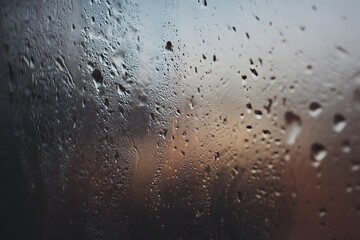 Close up of a rainy window with water droplets and blurred city lights
