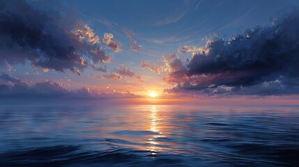 Vibrant colorful sunset over calm ocean waves reflecting warm golden light serene seascape horizon with dramatic clouds for nature travel landscape background