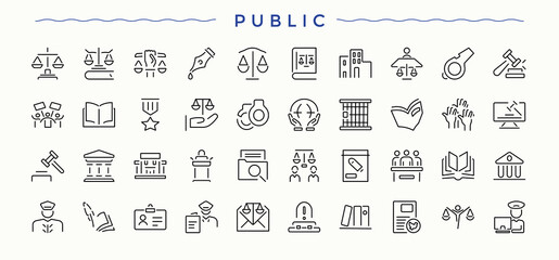 Public Safety linear icon set. Contain linear symbols service, protection, safety, security and more. Insurance icon collection. Simple line vector icons. Vector illustration in modern line style.