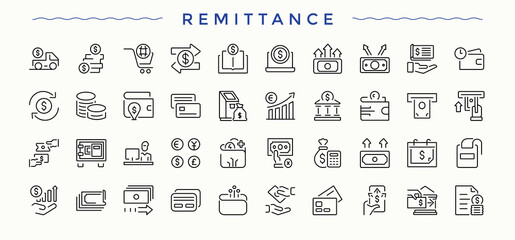 Remittance vector icon set. Modern linear icons. Credit vector line icon set. Pack of dollar, finance, coin, wallet, payment and more.