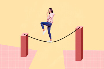Pop art collage of person stand win on rope with two column walking over green background