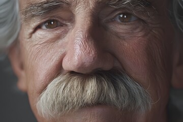 Close up portrait shows an older gentleman with grey hair and mustache
