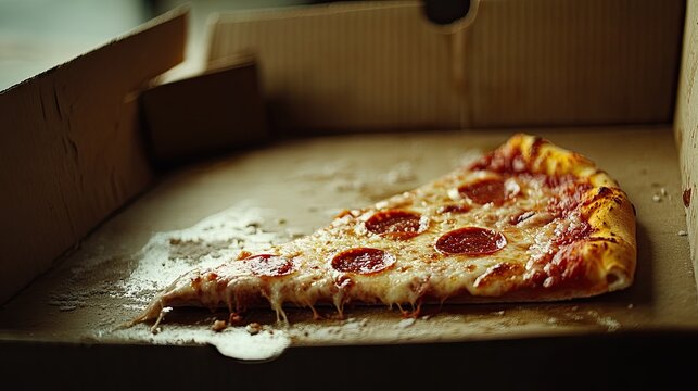 Last remaining slice of pepperoni pizza in a delivery box showing greasy cardboard stains