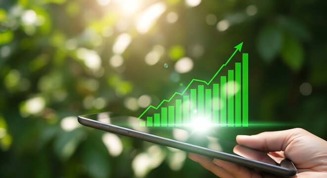 Sustainable Growth Concept Green Graph on Tablet with Nature Background