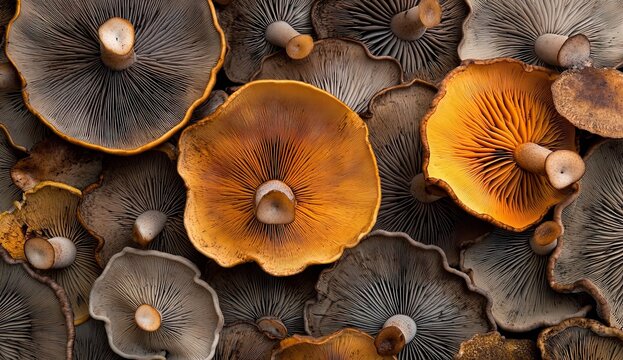 Close-up overhead of various wild mushrooms with golden-brown gills and textured caps - Powered by Adobe