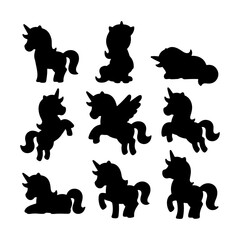 Collection of unicorn silhouettes in various playful poses on a simple white background