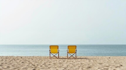 Seaside Serenity: Two yellow folding chairs sit peacefully on the sandy shore, inviting one to relax and enjoy the calm vista of the sea on a bright day.