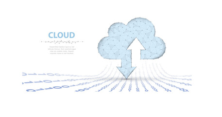 Cloud technology. Polygonal wireframe cloud storage sign with two arrows up and down on dark blue with dots, stars. Cloud computing, big data Concept illustration or background

