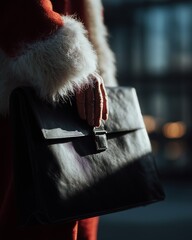 Close-up of Santa Claus holding a sleek black leather briefcase, contrasting festive attire with professional style.