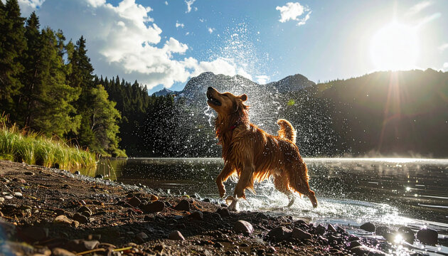 Happy dog splashing in the water at sunset