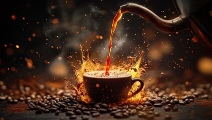 Black coffee cup receiving a fiery golden pour of espresso amidst scattered beans and glowing embers