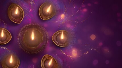 Vibrant Purple Background with Glowing Ornate Gold Diyas for Diwali