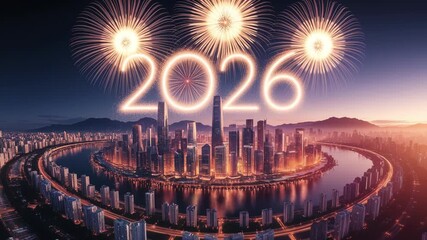 Urban future with 2026 numbers and fireworks over reflective river city - Powered by Adobe