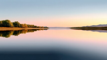 Fototapeta premium A tranquil river scene at sunset, showcasing still water and lush trees along the banks, creating a peaceful atmosphere.