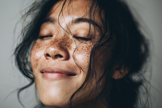 Close-up of a smiling woman with freckles and tousled hair, exuding blissful tranquility and natural beauty.