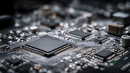Detailed motherboard close up depicting modern technological advancement