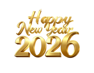 Elegant Happy New Year 2026 Lettering with Gold Script, Transparent Background