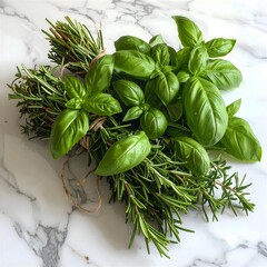 Auswahl an frischen grünen Kräutern auf Marmoroberfläche