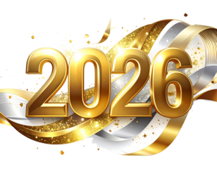  Elegant Gold 2026 Numbers Surrounded by Ribbons and Shimmer Dust