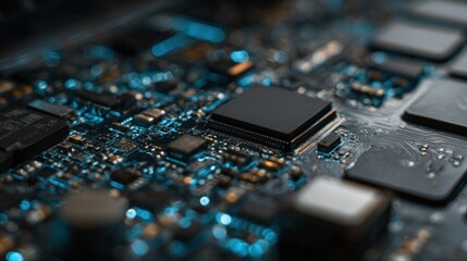 Abstract detail of a modern computer motherboard with microchips