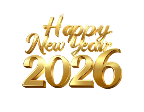 Elegant Happy New Year 2026 Lettering with Gold Script, Transparent Background