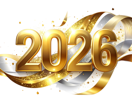  Elegant Gold 2026 Numbers Surrounded by Ribbons and Shimmer Dust
