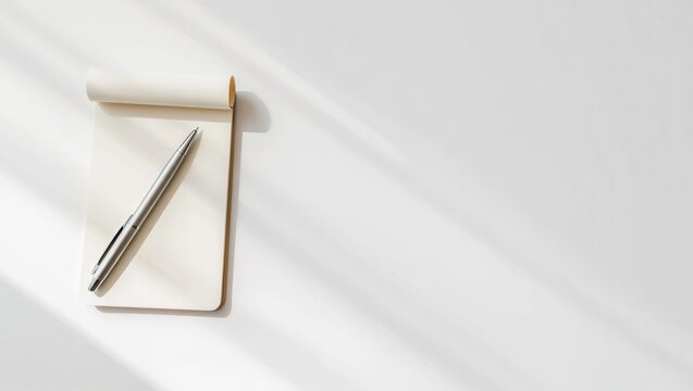 A clean, minimalist workspace featuring a notepad and a pen, perfect for brainstorming or note-taking in a bright, airy environment.