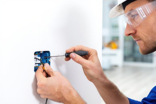 A skilled electrician works on electrical wiring inside a home, showcasing expertise and attention to detail in a bright, modern setting.