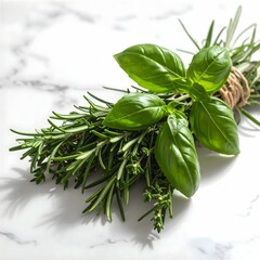 Auswahl an frischen grünen Kräutern auf Marmoroberfläche