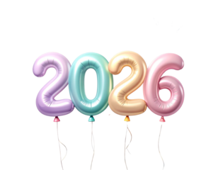 Pastel 2026 Balloon Typography with Soft Sparkles and Confetti Burst, New Year PNG Vector